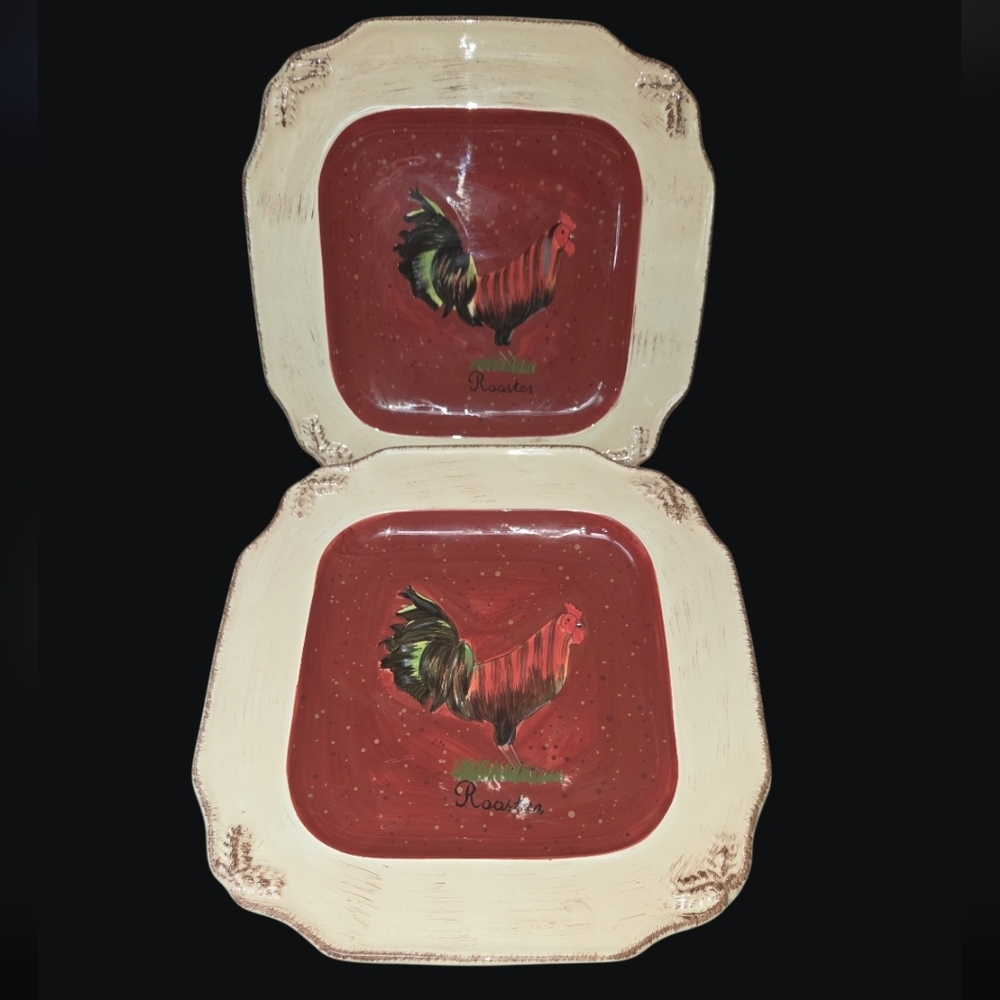 Country Charm Rooster Square Plates - Set of 2 Vintage Farm By Raymond Waites